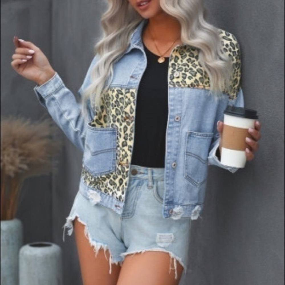 Leopard Patchwork Denim Jacket Distressed Jean Shacket Lightweight Trendy NWT